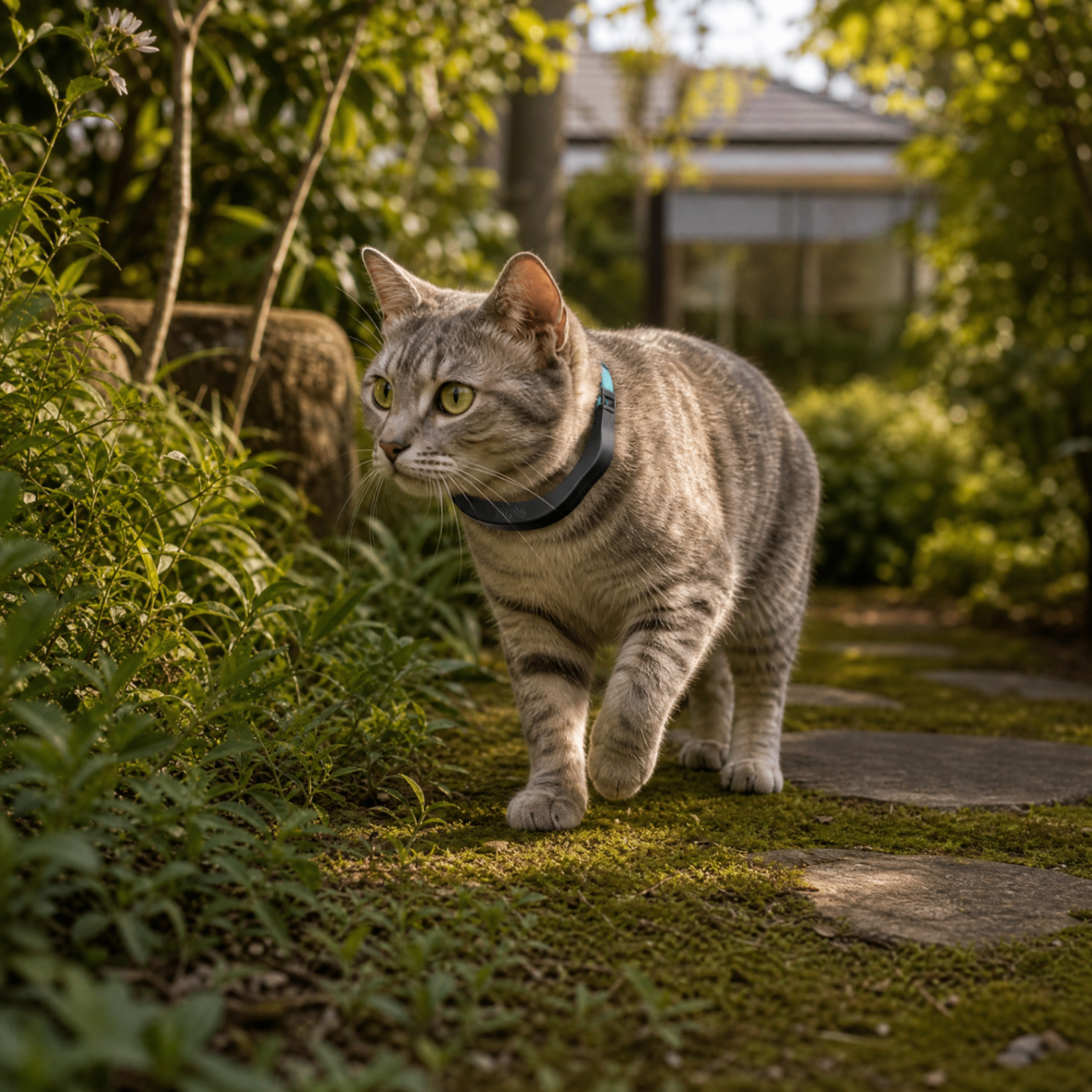 Graugetigerte Katze mit türkisem petTracer Halsband im Garten