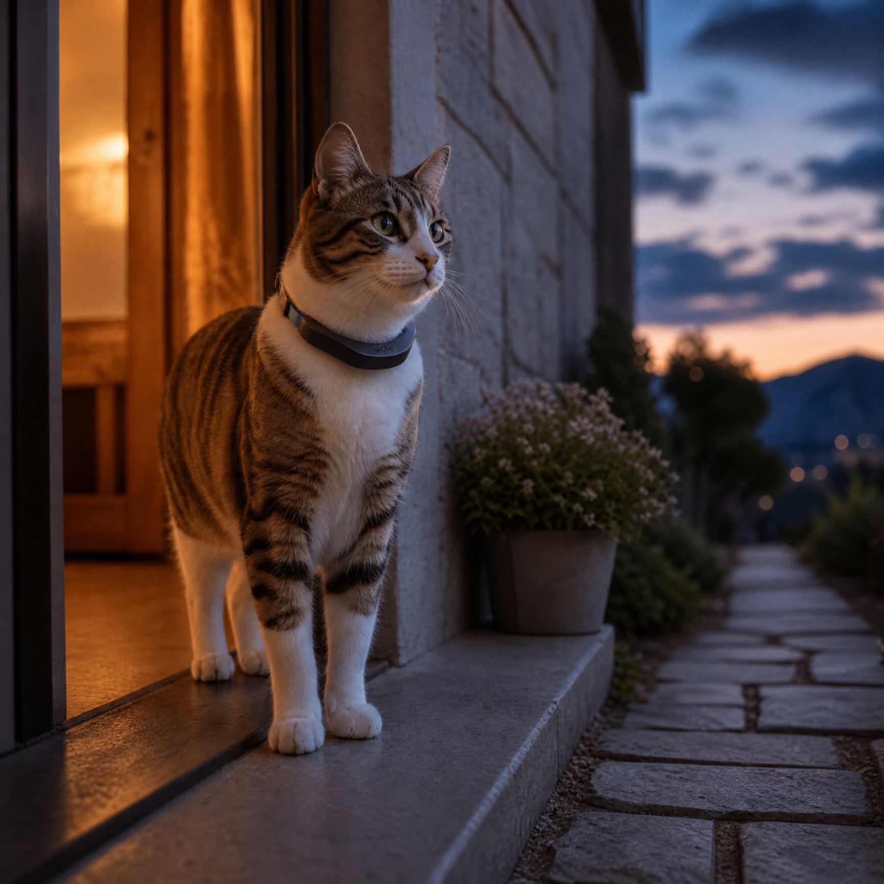 Getigerte Katze mit petTracer Halsband auf der Türschwelle in der Dämmerung