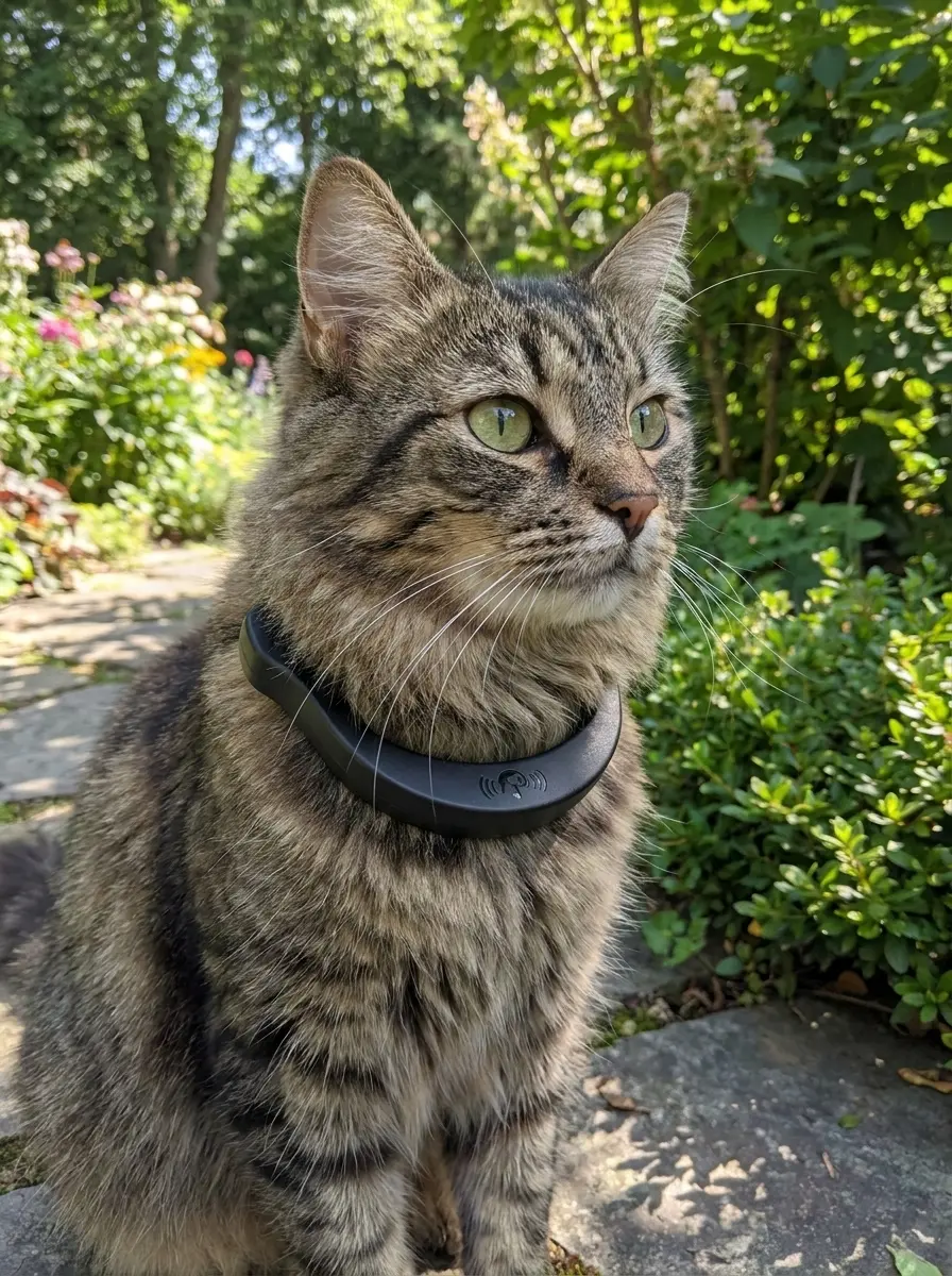 Freigänger-Katze streift durch einen Garten