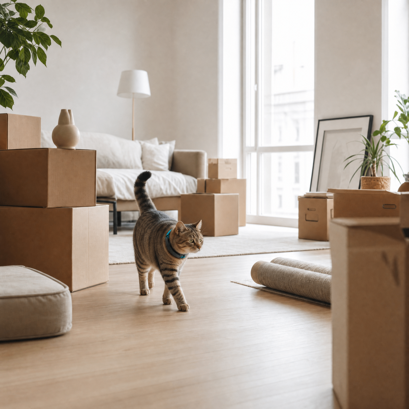 Katze erkundet ein neues Zuhause mit Umzugskartons