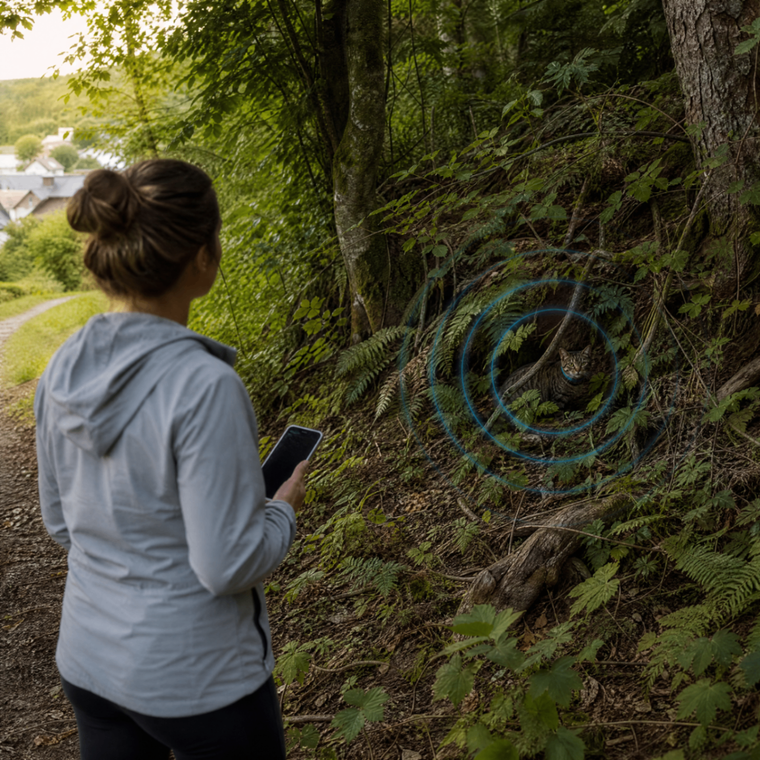 Katze fast unsichtbar im Waldboden – Besitzerin sucht mit petTracer App