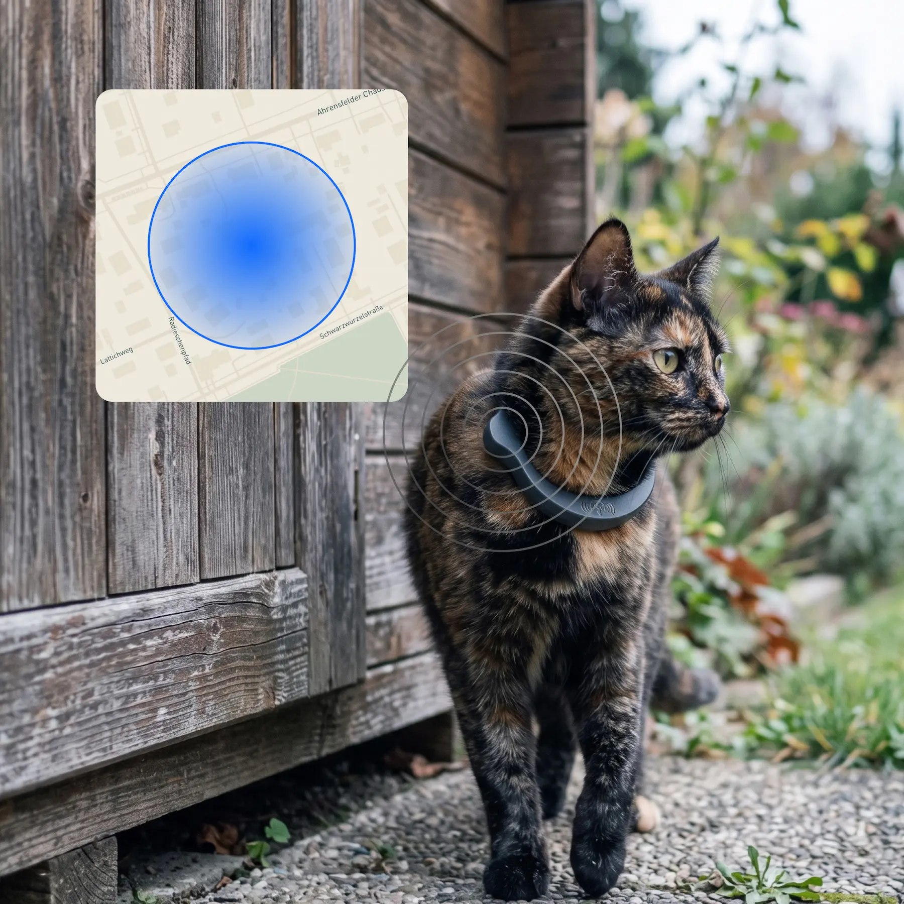 Katze mit petTracer Halsband, daneben eine Karte mit dem blau markierten Suchgebiet