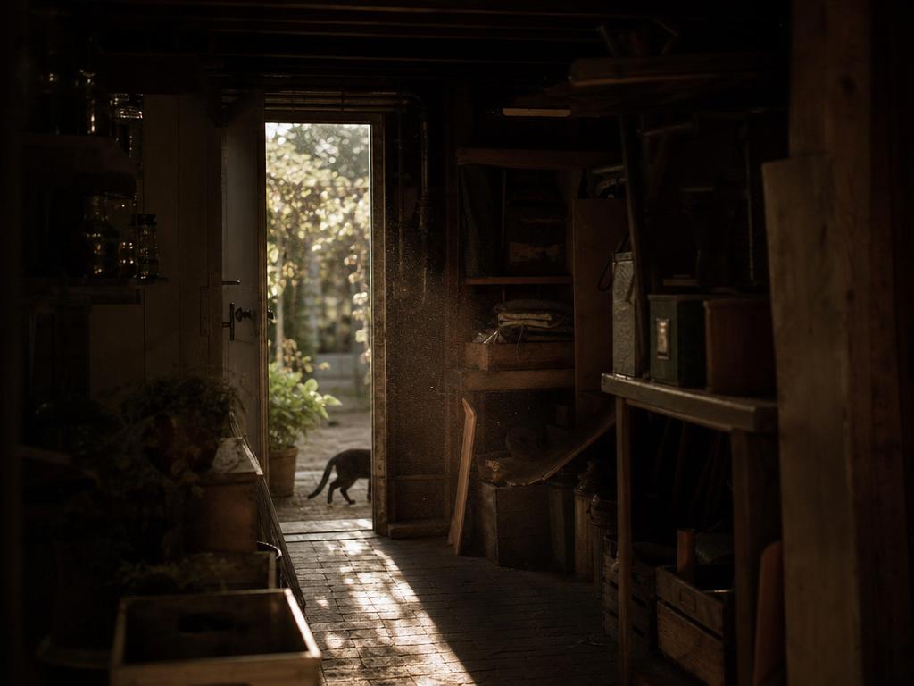 Katze verschwindet in einen dunklen Schuppen