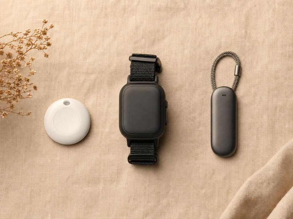 Flatlay-Vergleich von Bluetooth-Tag, GPS-Tracker und Premium-Tracker