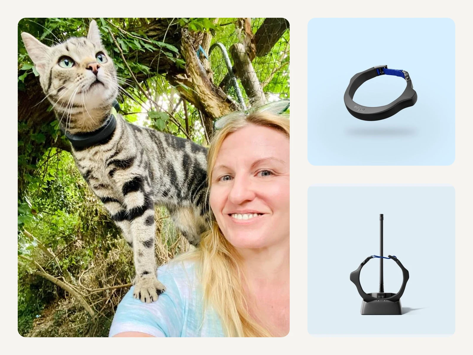 Echte petTracer Kundin mit Freigänger-Katze neben originalem Halsband und HomeStation