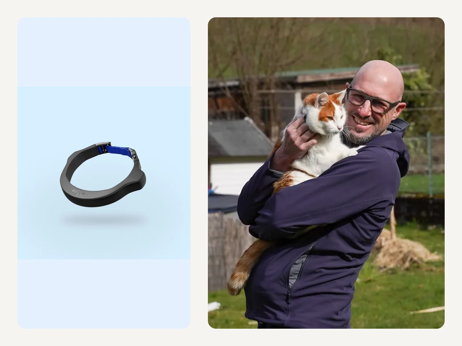Originales petTracer Halsband neben echtem Katzenbesitzer mit seiner Katze